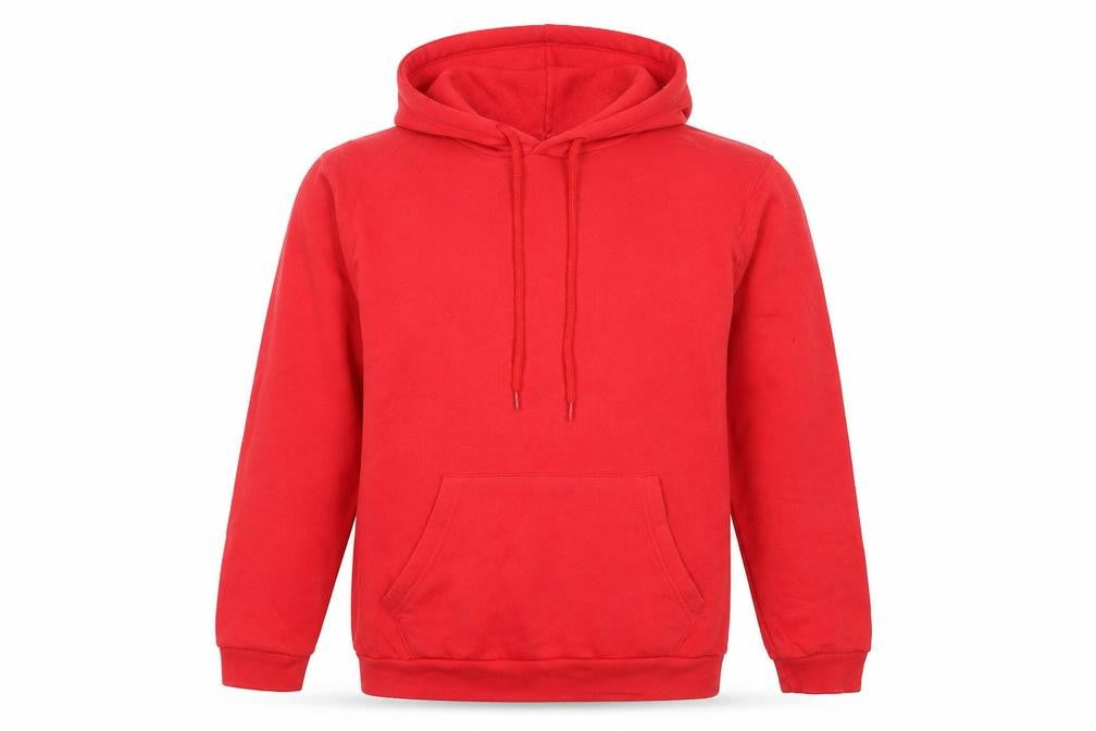 Front view of KT UK women’s red cotton pullover hoodie, size M