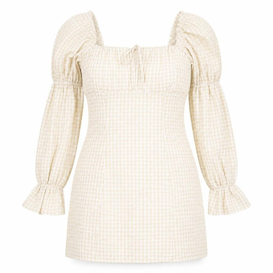 Front view of H&M women’s beige check polyester shift, size UK 38, square neck