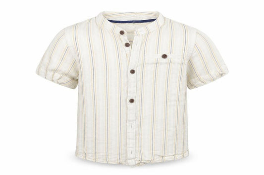 Front view of Matalan boys’ ivory striped cotton basic button-up, size 4-5, years round neck