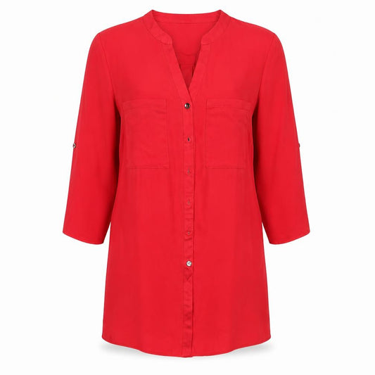 Front view of Roman women’s red polyester basic button-up, size UK 10, v-neck