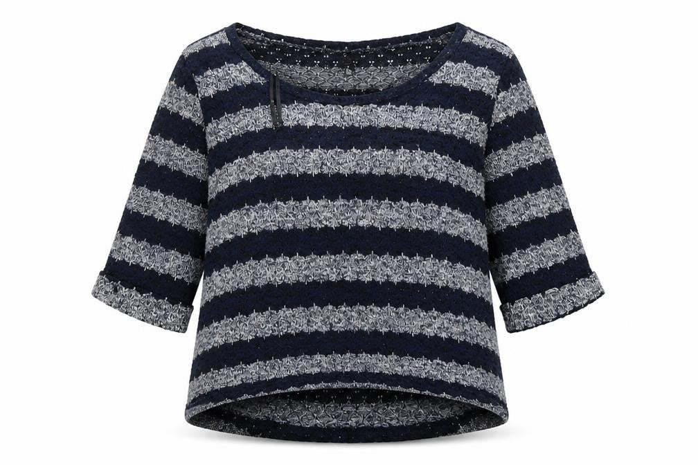 Front view of New Look women’s multicoloured round neck striped polyester jumper, size UK 12