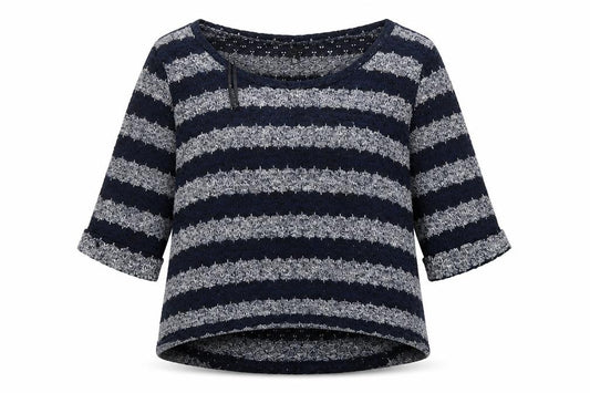 Front view of New Look women’s multicoloured round neck striped polyester jumper, size UK 12