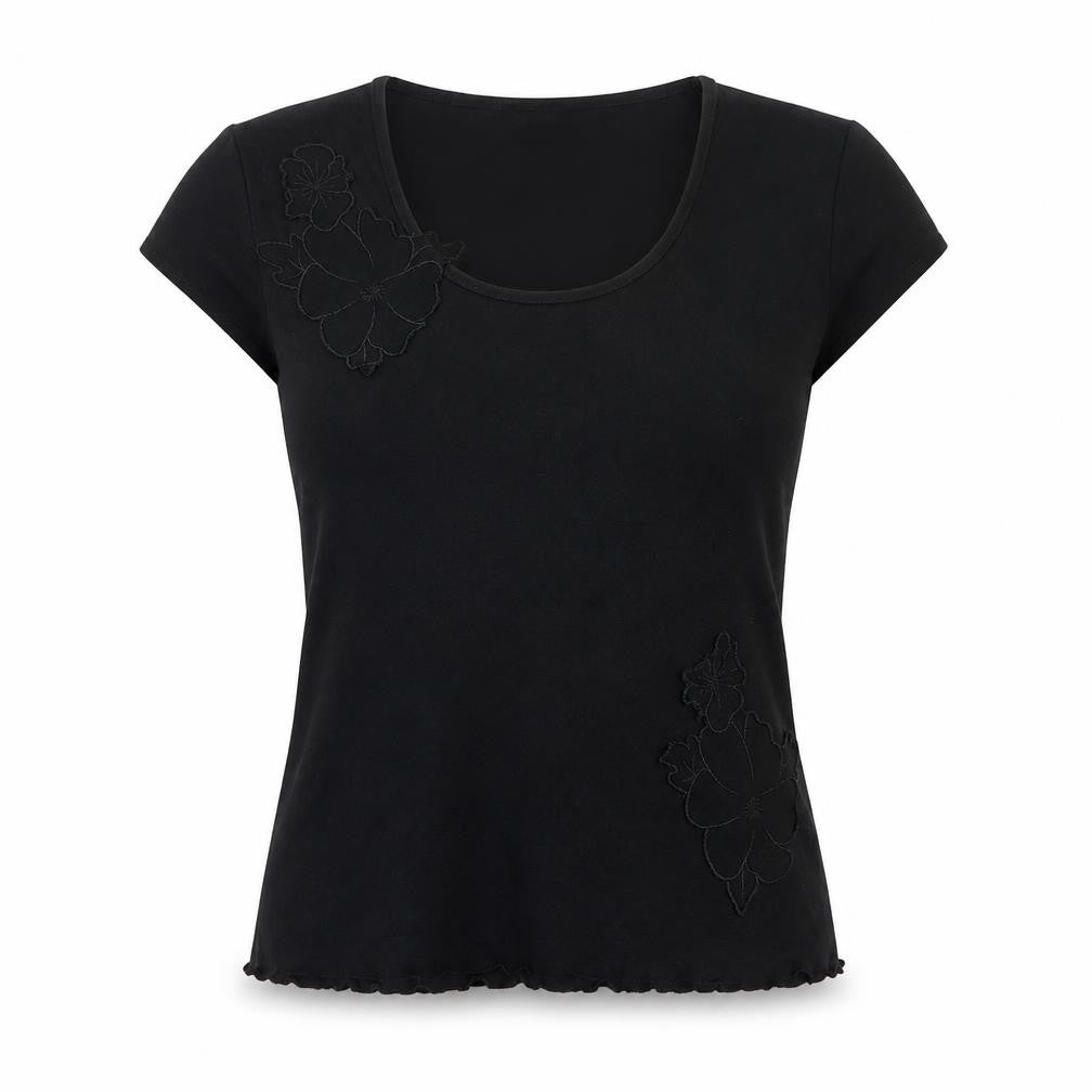 Front view of Provencale women’s black cotton basic t-shirt, size UK 18, round neck
