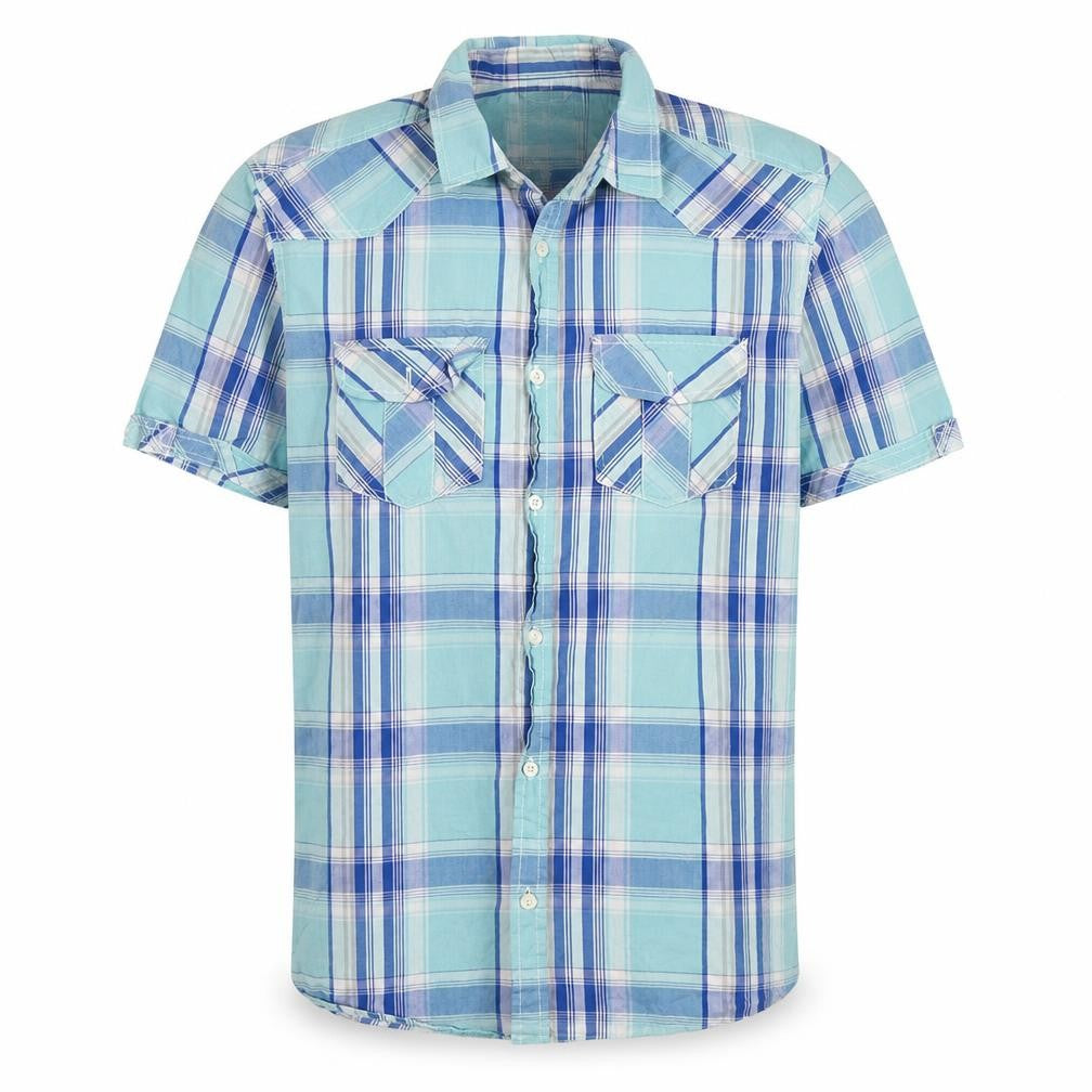 Front view of Easy men’s blue plaid cotton button-up, size L, collared