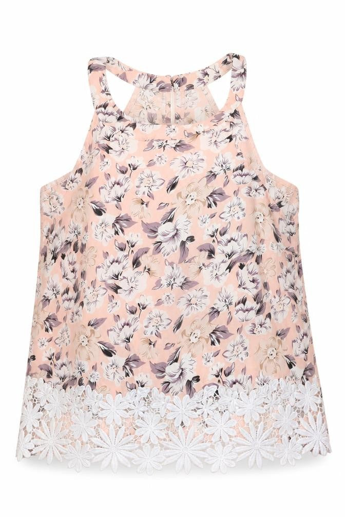 Front view of Parisian Signature women’s pink floral polyester basic blouse, size UK 16, crew neck