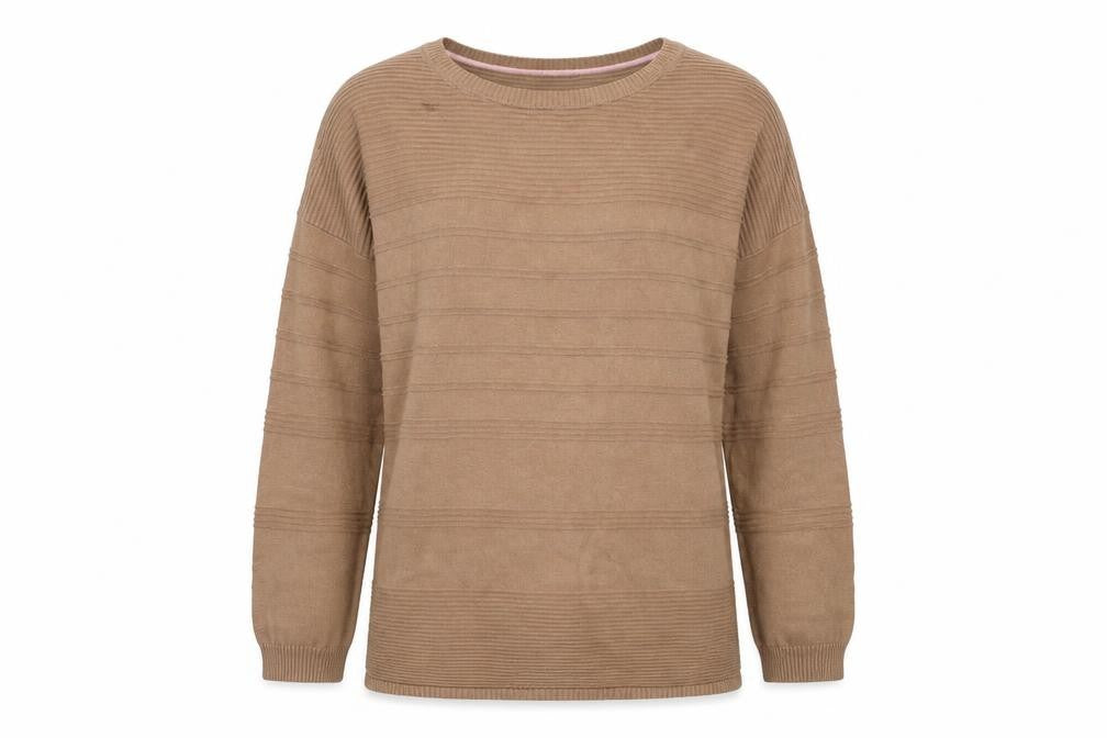 Front view of Isaac Mizrahi women’s brown striped cotton pullover sweatshirt, size M, pullover