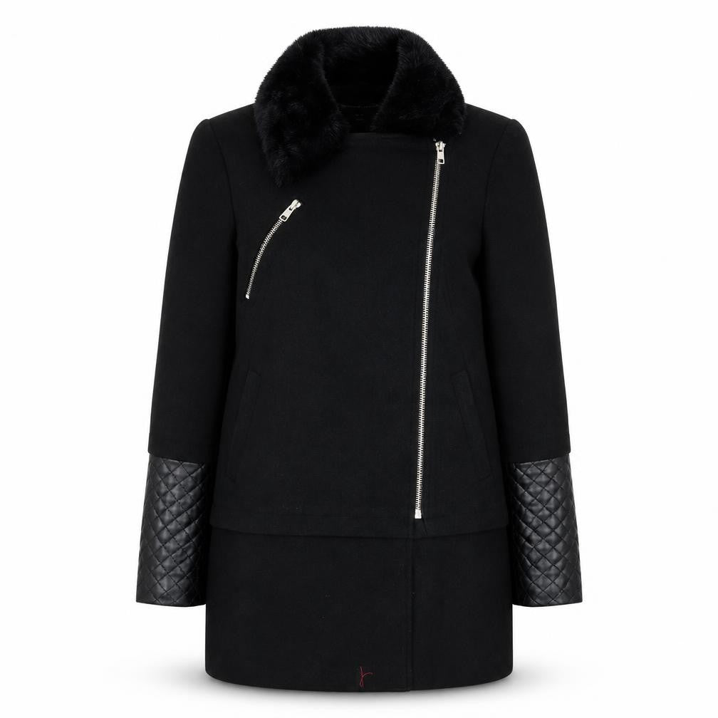 Front view of Dorothy Perkins women’s black biker coat, size UK 10, zip