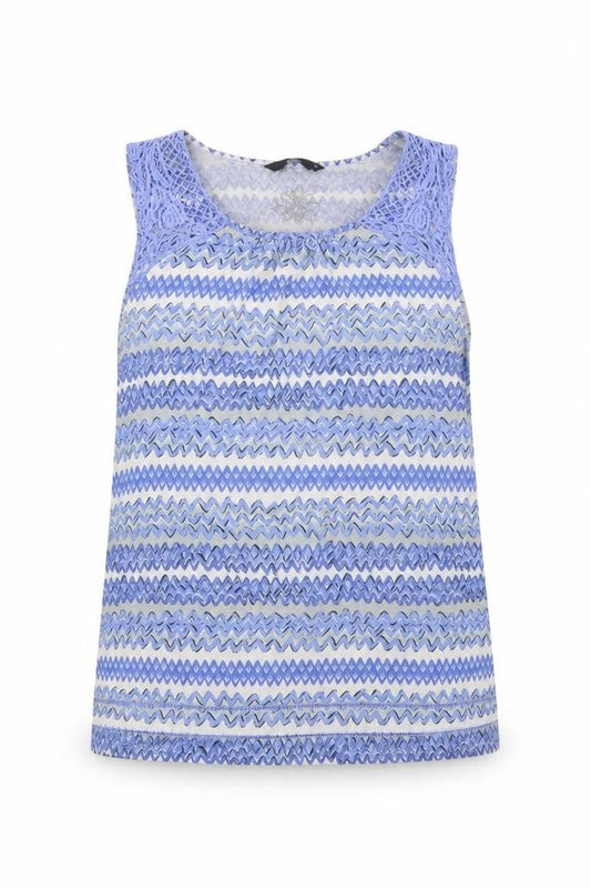 Front view of Bonmarché women’s blue geometric polyester basic blouse, size UK 16, round neck