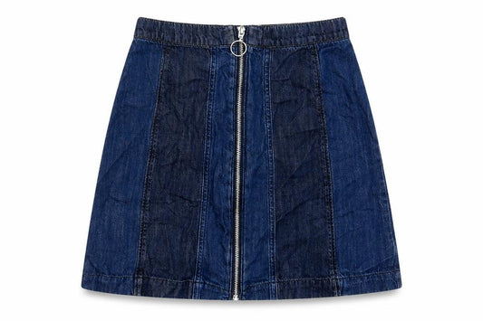 Front view of H&M women’s blue striped cotton a-line skirt, size UK 8, zip