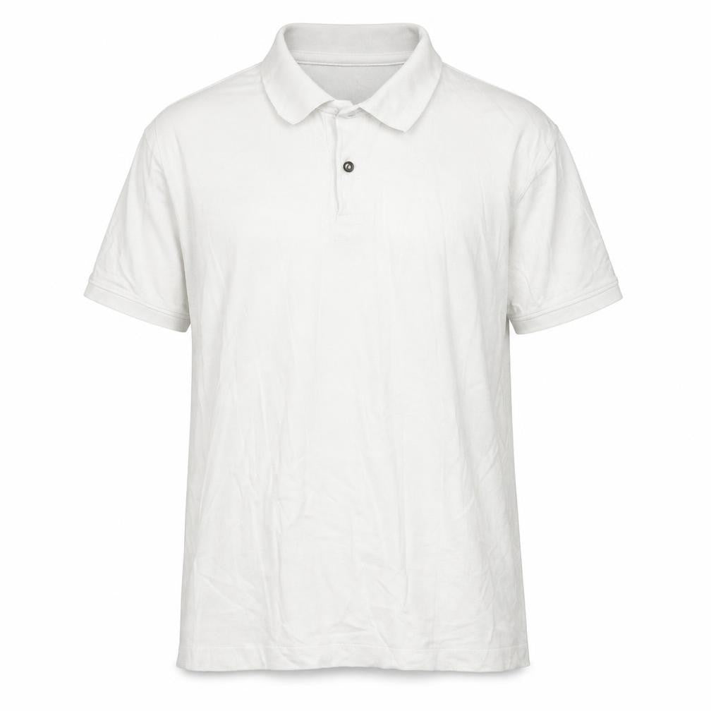 Front view of Un Bias men’s white cotton polo, size L, collared pullover