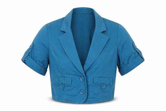 Front view of Moto women’s blue jacket blazer, size UK 12, button