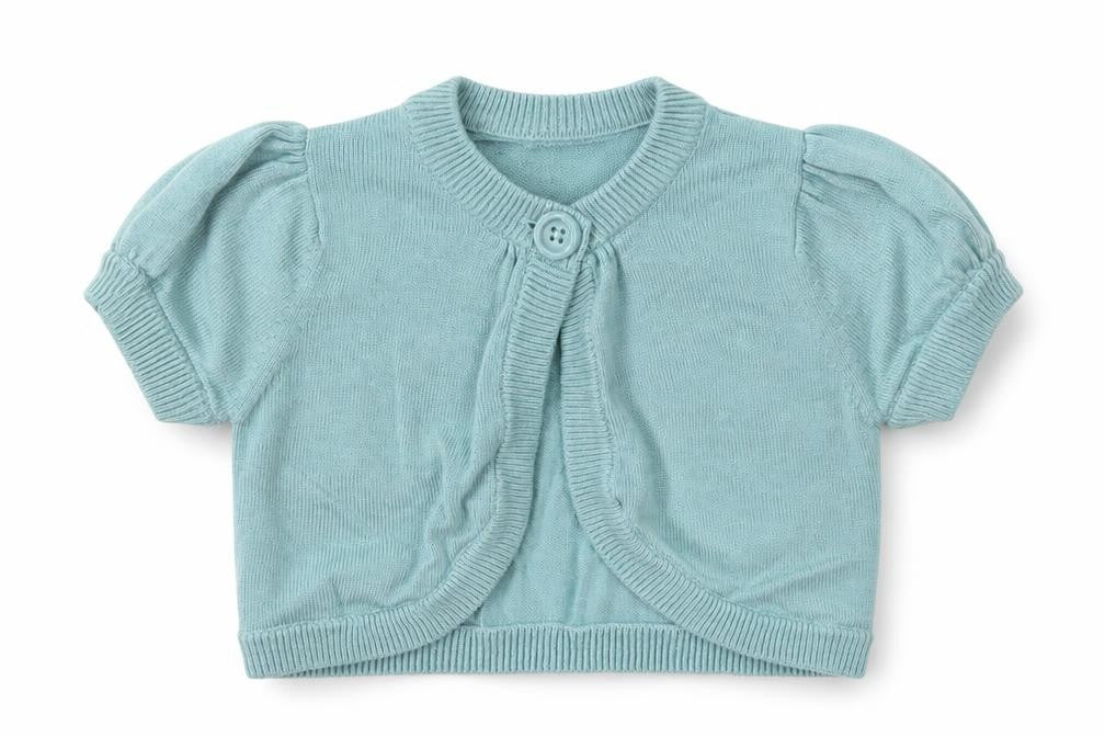 Front view of Cherokee Blue Cotton Cardigan Jumper, size 12-18, Months Button