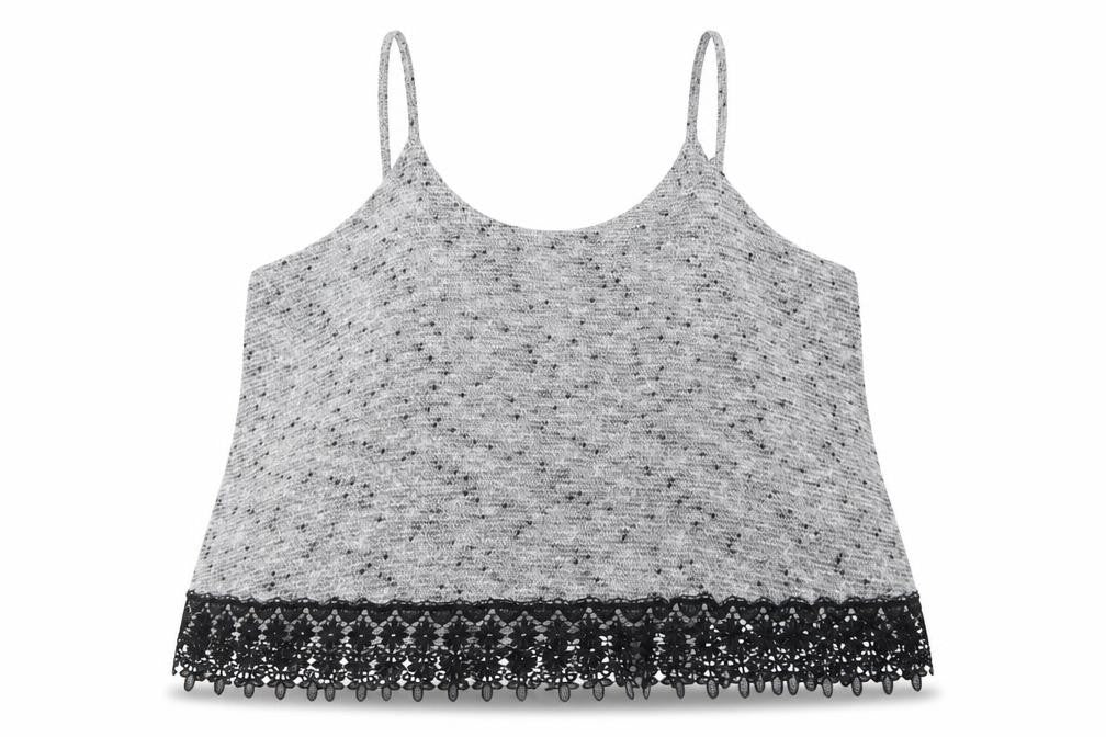 Front view of Atmosphere women’s grey acrylic cropped tank, size UK 18, round neck - lace edging