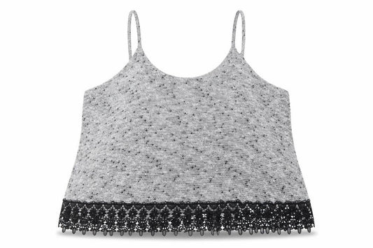 Front view of Atmosphere women’s grey acrylic cropped tank, size UK 18, round neck - lace edging