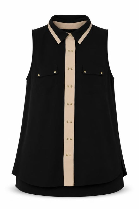 Front view of Warehouse women’s black polyester basic button-up, size UK 10, collared
