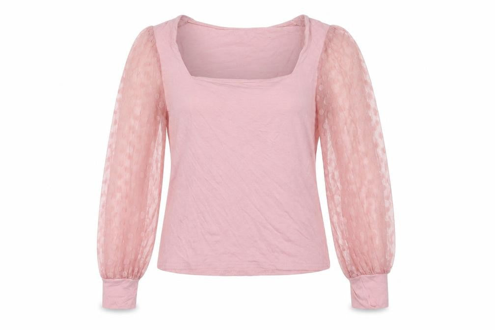 Front view of New Look women’s pink polka dot viscose basic blouse, size UK 10, square neck