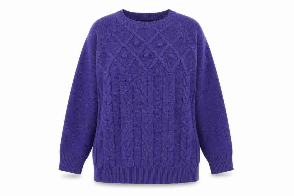 Front view of Amber women’s purple geometric acrylic pullover sweatshirt, size UK 20, pullover