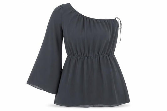 Front view of Tsega women’s green polyester basic blouse, size UK 12, one shoulder