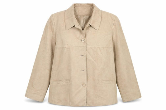 Front view of EWM women’s beige jacket, size UK 20