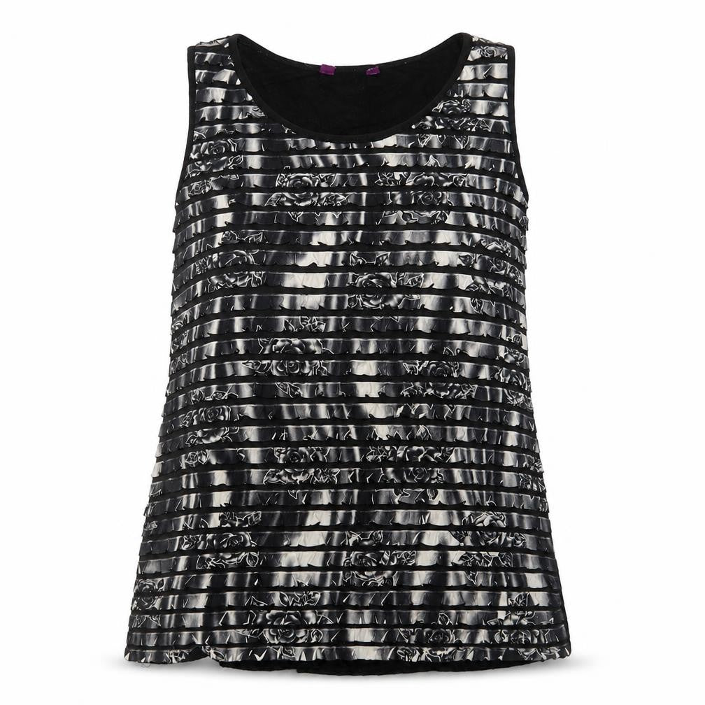 Front view of Inspire women’s black floral polyester basic tank, size XL, round neck