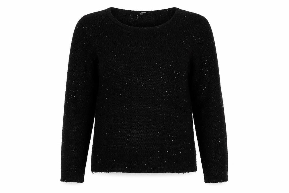 Front view of Amara Reya women’s black round neck acrylic jumper, size UK 16