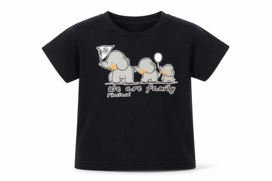 Front view of Ink's Kids girls’ black cotton basic t-shirt, size 3, years crew neck - elephant