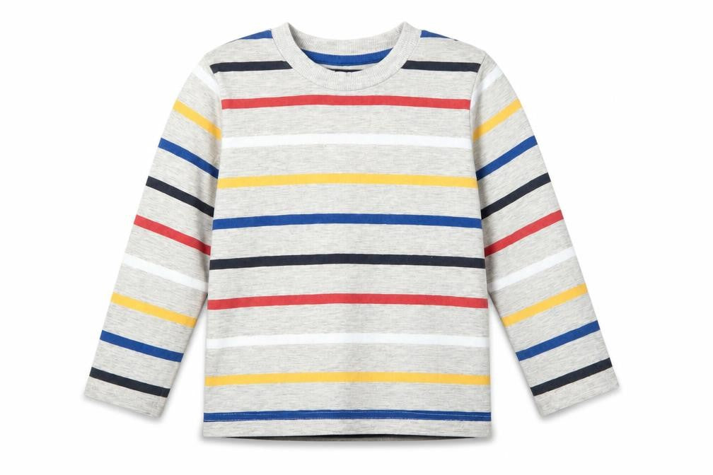 Front view of Nutmeg girls’ grey striped cotton basic blouse, size 4-5, years crew neck