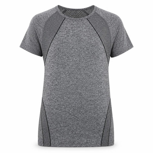 Front view of WorkOut women’s grey polyamide basic t-shirt, size UK 6, round neck