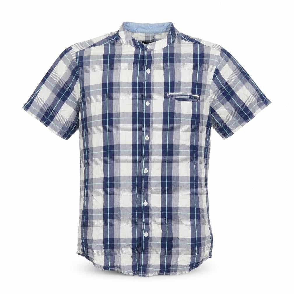 Front view of Max men’s blue plaid cotton button-up, size L, round neck button