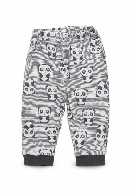 Front view of Nutmeg girls’ grey striped cotton jogger trousers, size 3-6, months pullover - panda