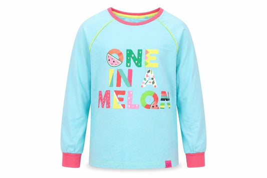 Front view of Harry Bear girls’ blue geometric cotton top pyjama top, size 7, years pullover - one in a melon