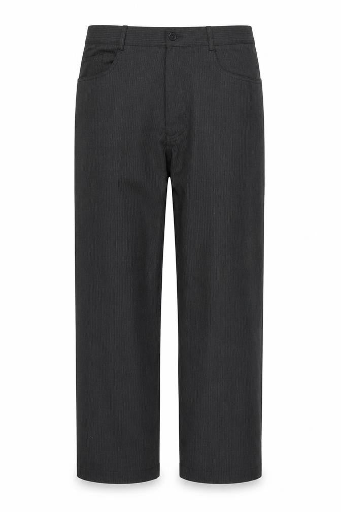 Front view of Taylor & Wright men’s grey striped polyester trousers, size 34, 29-inch leg regular button