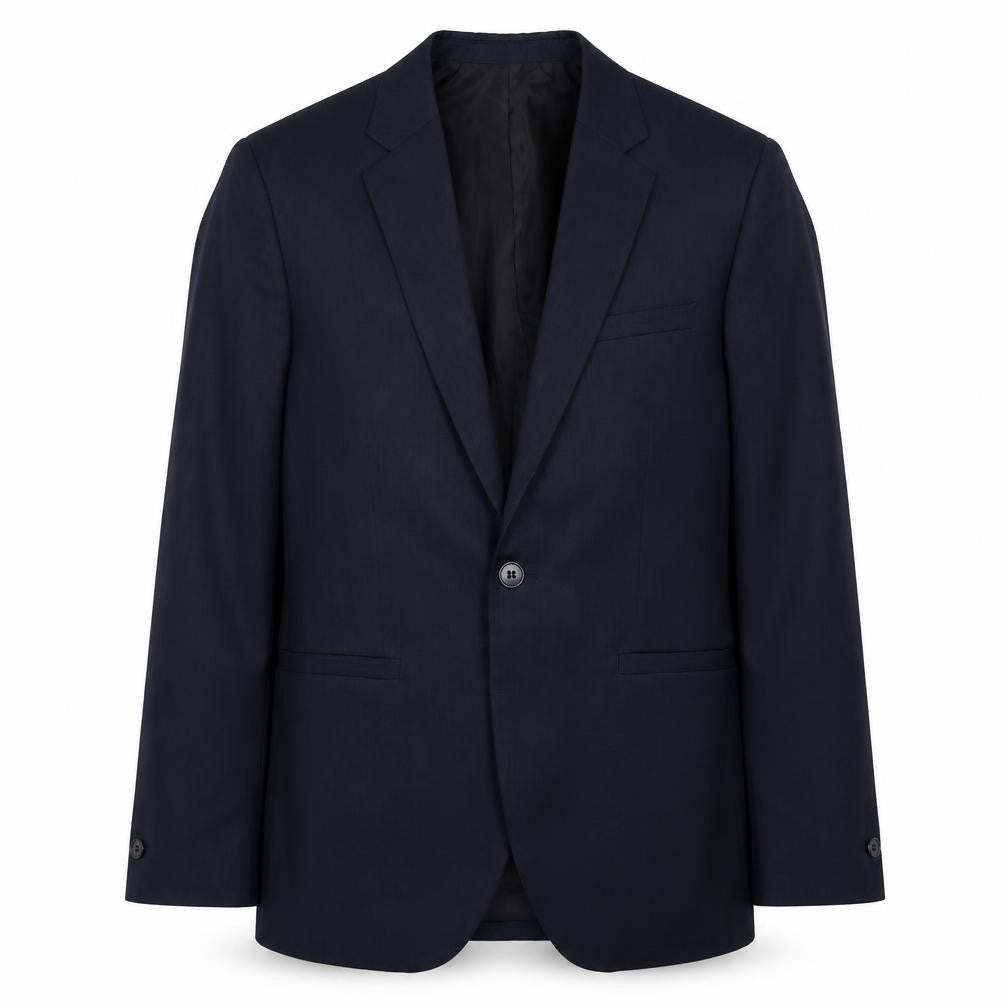 Front view of H&M men’s blue polyester jacket suit jacket, size 36