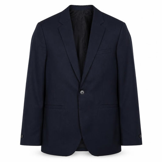 Front view of H&M men’s blue polyester jacket suit jacket, size 36