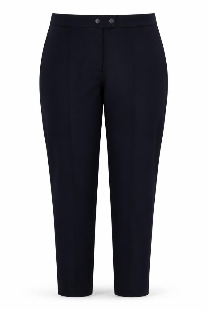 Front view of F&F women’s blue polyester trousers, size UK 14, 27-inch leg regular button