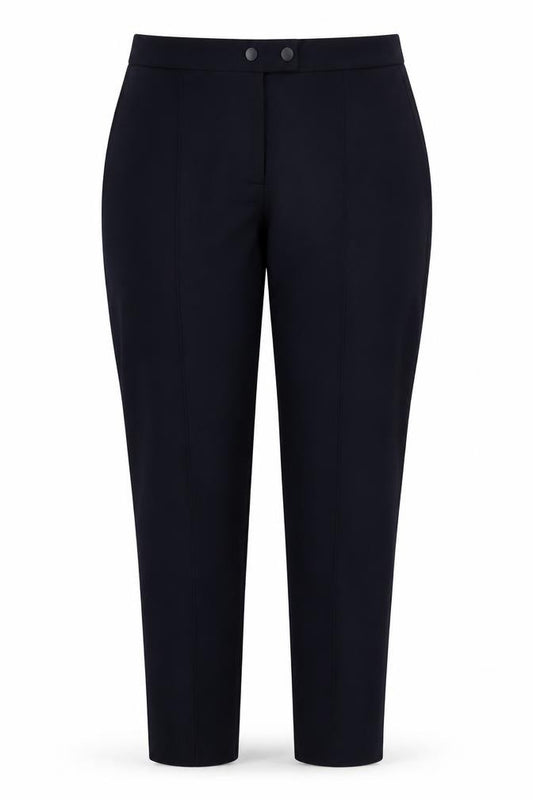 Front view of F&F women’s blue polyester trousers, size UK 14, 27-inch leg regular button