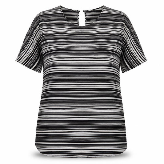 Front view of Papaya women’s black striped polyester a-line, size UK 18, round neck button - cold shoulder