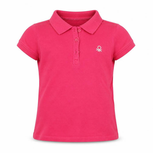 Front view of United Colors of Benetton girls’ pink cotton basic polo, size 4-5, years collared button