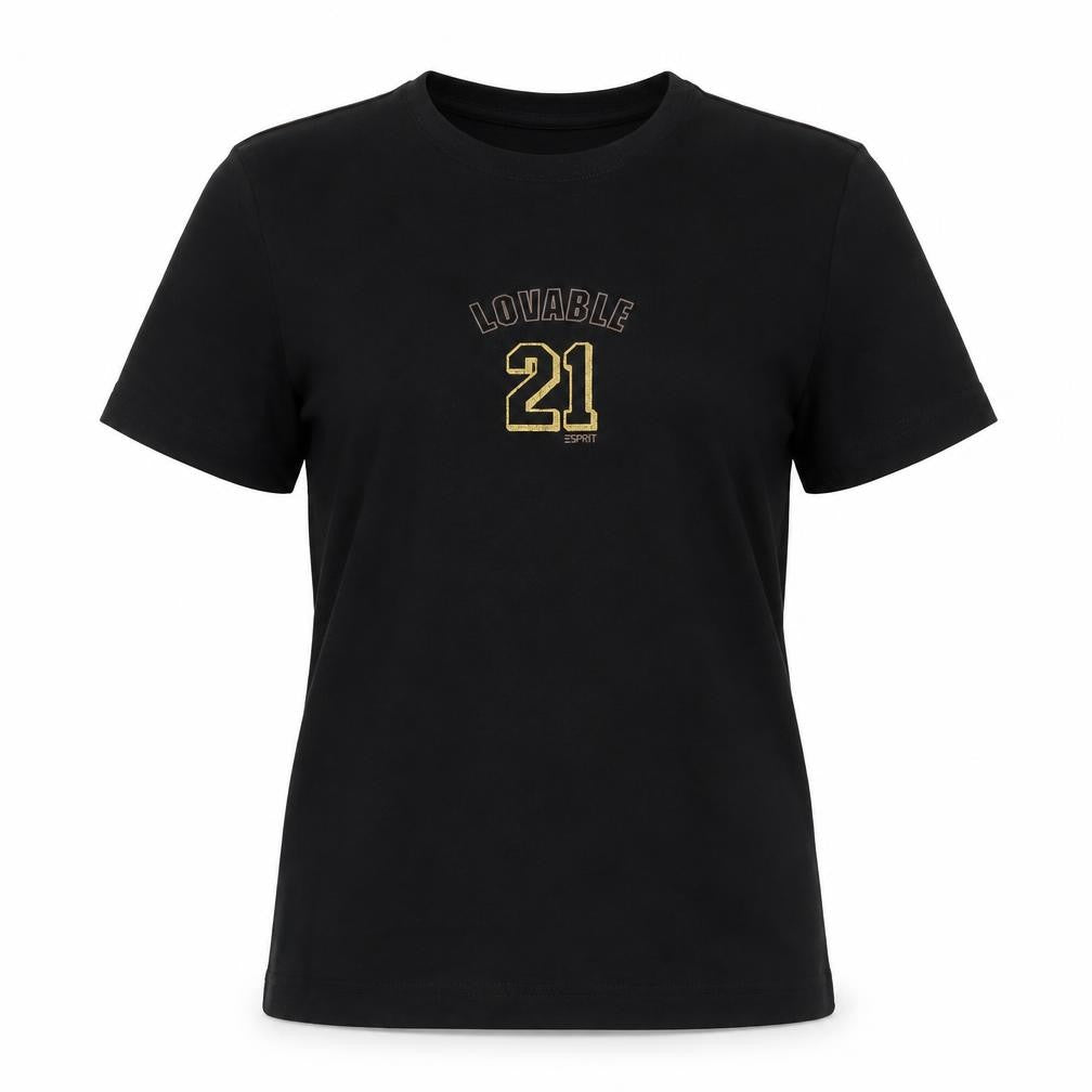 Front view of ESPRIT women’s black cotton basic t-shirt, size M, crew neck