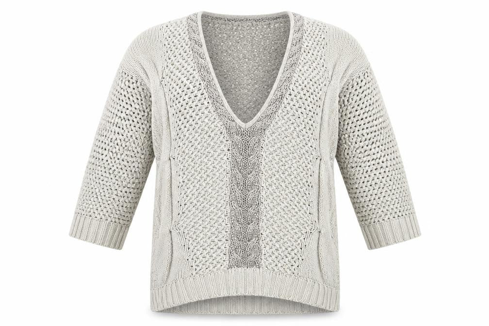 Front view of Warehouse women’s beige v-neck cotton jumper, size UK 6