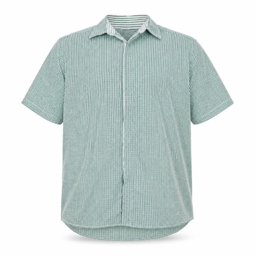 Front view of Dimensions men’s green check cotton button-up, size 16, collared
