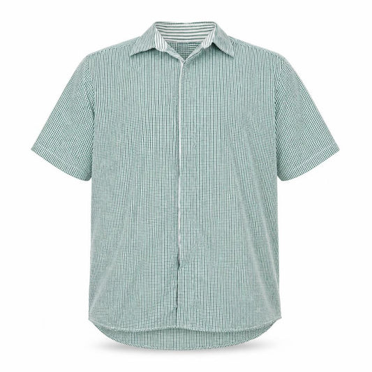 Front view of Dimensions men’s green check cotton button-up, size 16, collared