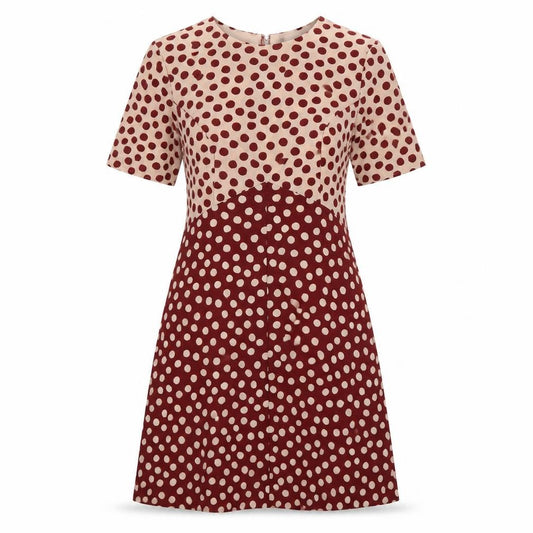 Front view of ASOS women’s multicoloured polka dot polyester a-line, size UK 10, round neck