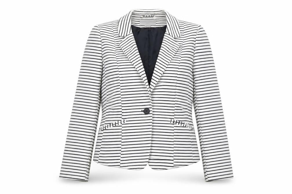 Front view of H&M women’s multicoloured striped cotton jacket blazer, size UK 12