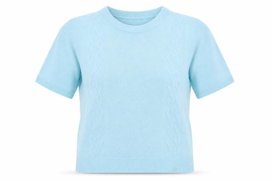 Front view of Pyari women’s blue argyle/diamond acrylic pullover sweatshirt, size M, pullover