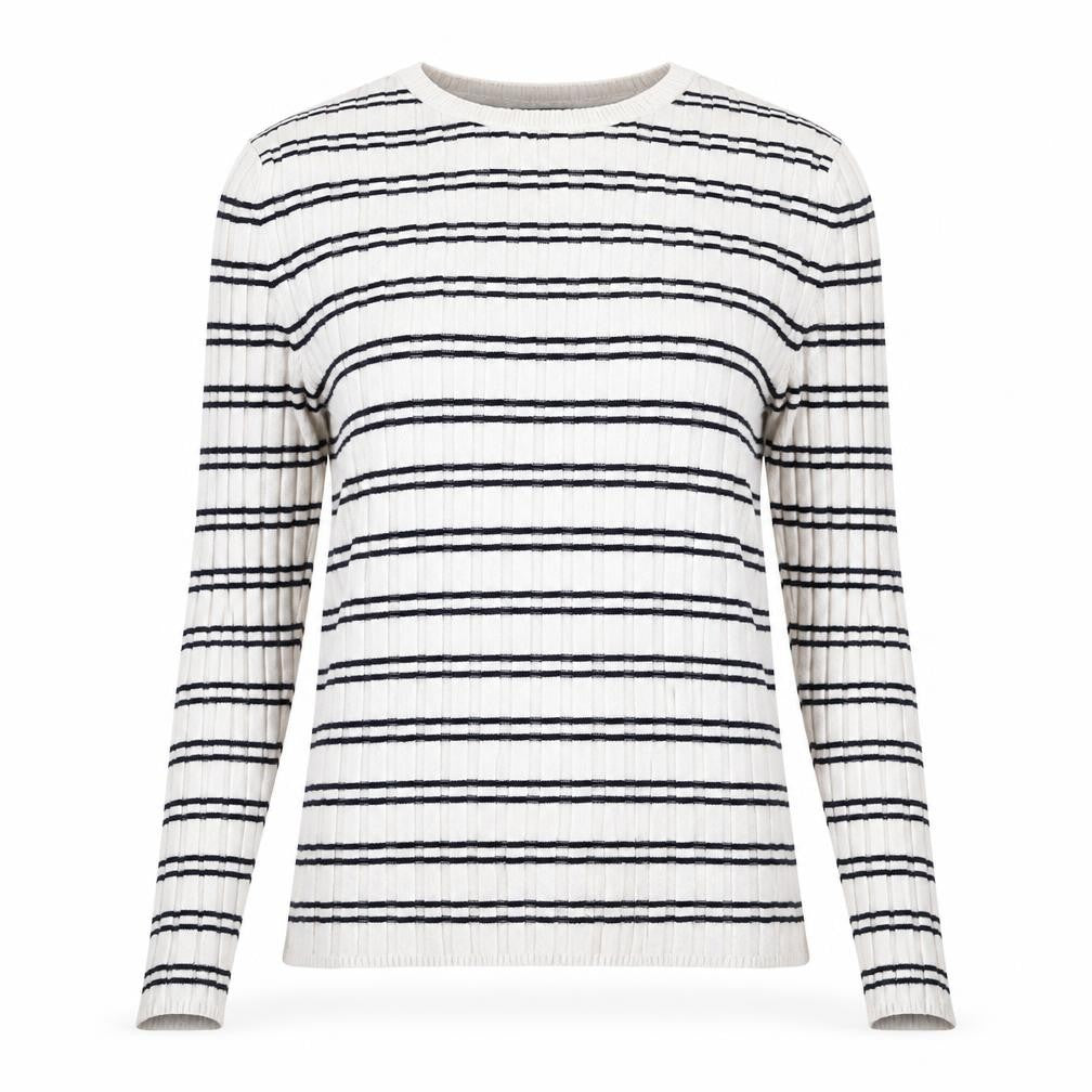 Front view of New Look women’s white striped viscose pullover sweatshirt, size UK 8, pullover