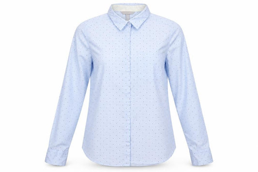 Front view of Blue women’s pink cotton button-up, size UK 8, collared