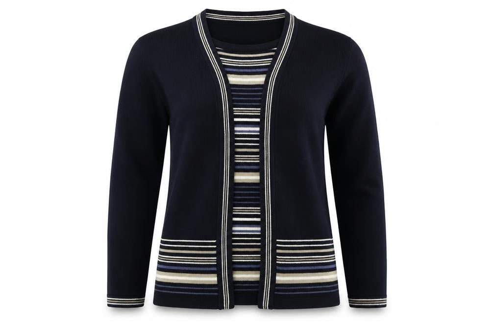 Front view of EWM women’s blue striped acrylic pullover sweatshirt, size S, pullover