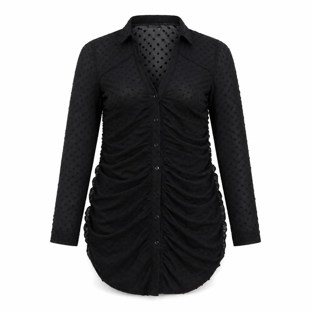 Front view of ASOS women’s black polka dot polyester a-line, size UK 8, v-neck button