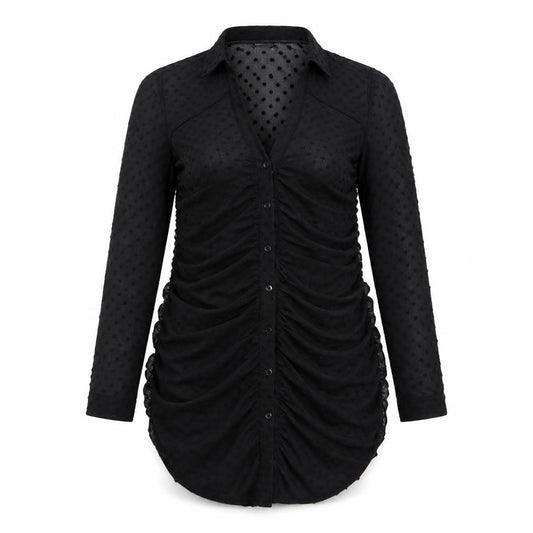 Front view of ASOS women’s black polka dot polyester a-line, size UK 8, v-neck button